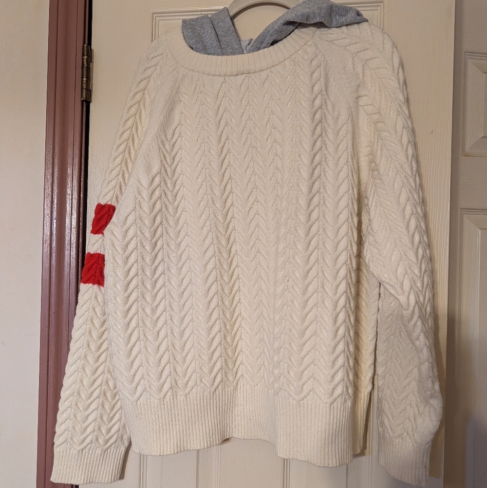 Central Park West Cream and Red Cable Knit Sweater